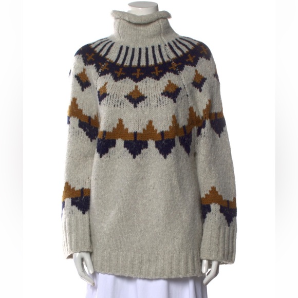 A.L.C. Sweaters - A.L.C. Cream Cowl Neck Fair Isle Knit Sweater with Brown and Navy Pattern
